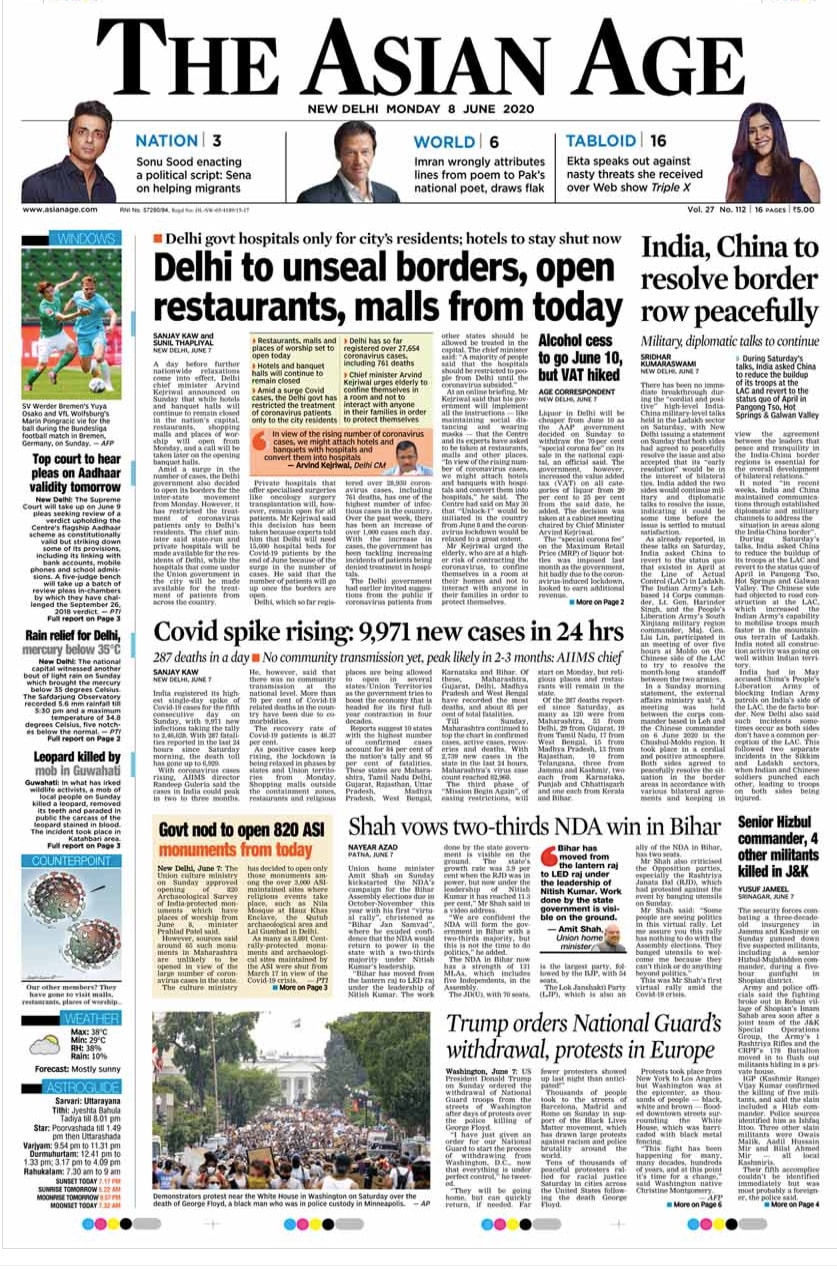 <B>The Asian Age</B>: The state government on Sunday issued standard operating procedures (SoPs) to be followed at religious places, places of worship, hotels, restaurants and hospitality establishments and shopping malls. India-China agree to peacefully resolve the issue and also accepted that its "early resolution" would be in the interest of bilateral ties.