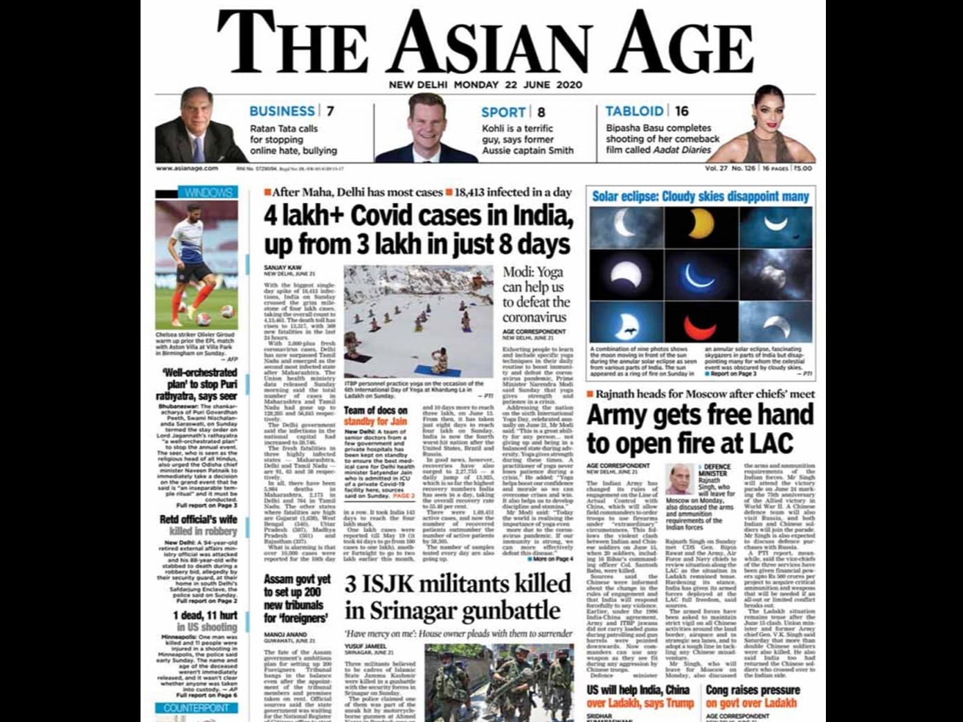 A record single-day spike of 15,413 new COVID-19 cases took India's infection tally past the 4 lakh-mark on Sunday, while the death toll rose to 13,254 with 306 new fatalities, according to Union Health Ministry data.