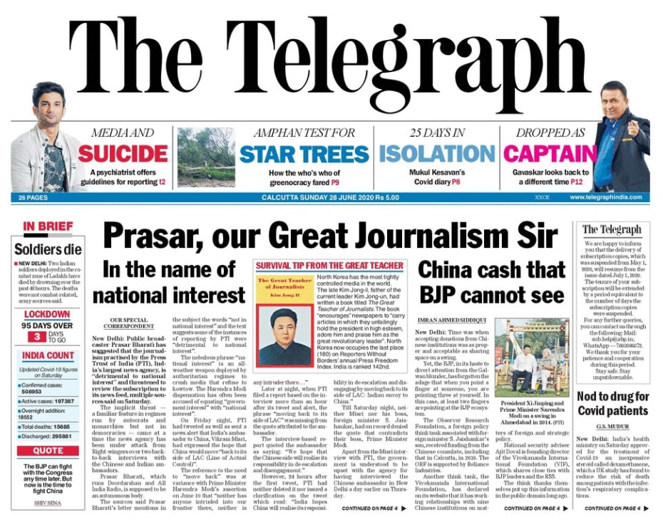 <B>The Telegraph</B>: Public broadcaster Prasar Bharati has suggested that the journalism practised by the Press Trust of India (PTI), India's largest news agency, is "detrimental to national interest" and threatened to review the subscription to its news feed, multiple sources said on Saturday. Time was when accepting donations from Chinese institutions was as proper and acceptable as sharing space on a swing. The Observer Research Foundation, a foreign policy think tank associated with foreign minister S. Jaishankar's son, received funding from the Chinese consulate, including that in Calcutta, in 2016. The ORF is supported by Reliance Industries. Another think tank, the Vivekananda International Foundation, has declared on its website that it has working relationships with nine Chinese institutions on matters of foreign and strategic policy.