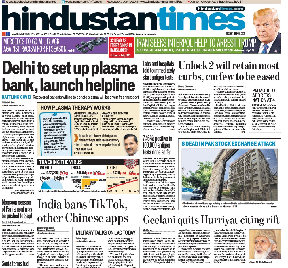 <B>Hindustan Times</B>: Delhi will set up a plasma bank to pool in blood rich in virus-fighting antibodies, chief minister Arvind Kejriwal said. The Centre on Monday issued guidelines for the second of a three-phase plan aimed at lifting restrictions imposed to stop the spread of the coronavirus disease.