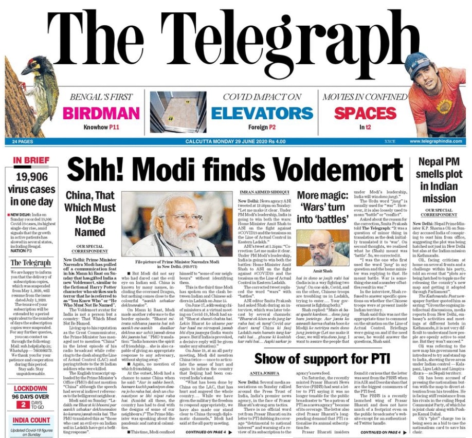 <B>The Telegraph</B>: The government on Monday banned TikTok, Weibo, Camscanner and 56 other popular social media, utility and gaming apps from China as the tensions over the recent border clash in Ladakh boiled over into the arena of business and personal spaces. Bengal Chief minister Mamata Banerjee said her government would talk to the railways for partial resumption of Metro for essential service providers, hours before the Union home ministry issued guidelines that listed Metro among activities that will not be permitted.
