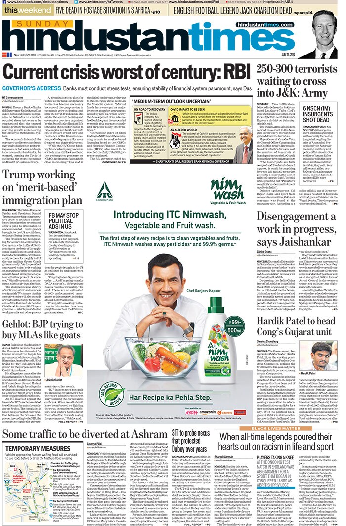 <B>Hindustan Times</B>: The daily's front page carried the statement of External Affairs Minister on India-China border face-off. S Jaishankar on Saturday described the "disengagement and de-escalation" process with China in East Ladakh as "work in progress". The daily also reported that the Congress party has appointed Patidar leader, Hardik Patel, 26, as the working president of the Gujarat Pradesh Congress Committee.