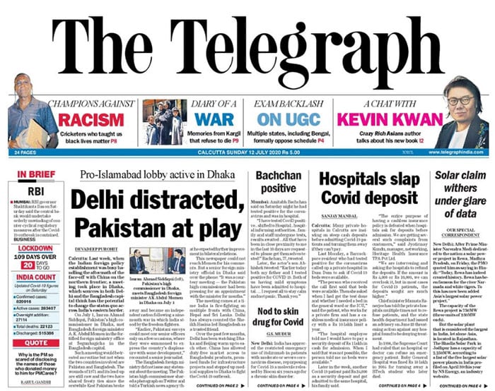 <B>The Telegraph</B>: The front page of the newspaper carried news on nod given by DGCI to skin drug for Covid. India's drug regulator on Saturday approved Itolizumab, a drug used to cure skin ailment psoriasis for "restricted emergency use" to treat COVID-19 patients with moderate to severe acute respiratory distress.