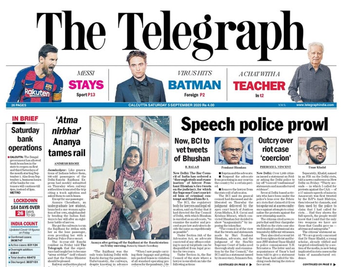 <B>The Telegraph</B>: Like generations of Indians before them, 900-odd passengers of the Delhi-Ranchi Rajdhani Express had meekly submitted on Thursday when railway authorities truncated the trip citing a track agitation and asked them to catch buses. The Bar Council of India has ordered a "thorough study and examination" of lawyer Prashant Bhushan's two tweets on the judiciary, for which the Supreme Court convicted him of criminal contempt and fined him Re 1.