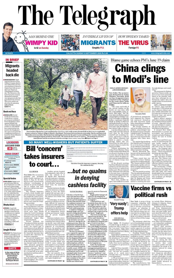 <B>The Telegraph</B>: The no-intrusion declaration by Prime Minister Narendra Modi on June 19 appears to have remained as the elephant in the room where India and China met for talks on Friday. Describing the situation along the India-China border as "very nasty , US President Donald Trump has said that the Chinese are "going at it much more strongly" than a lot of people understand and he would "love to get involved and help" ease the tension.