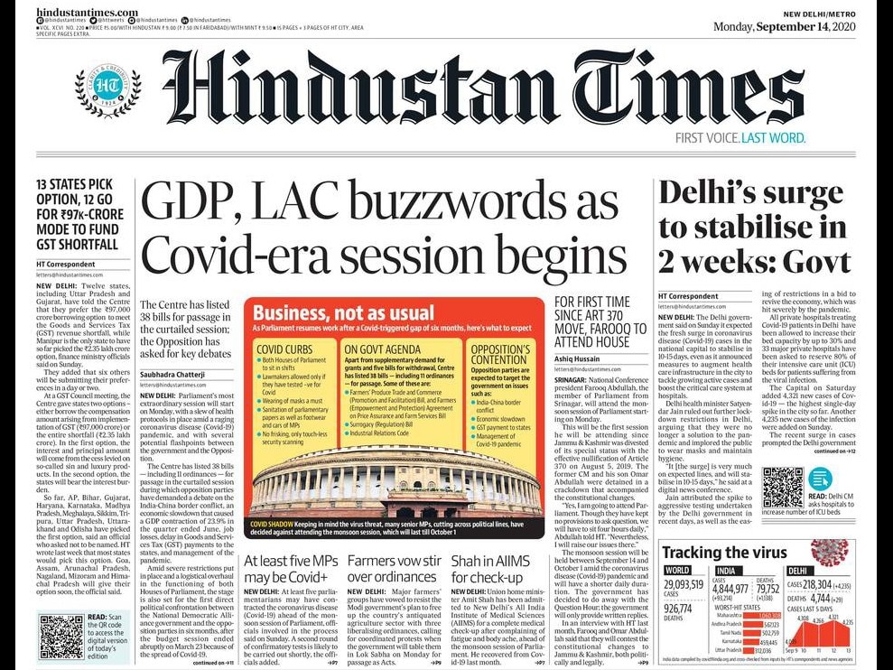 Parliament's most extraordinary session will start on Monday, with a slew of health protocols in place amid a raging coronavirus disease (Covid-19) pandemic, and with several potential flashpoints between the government and the Opposition. The Delhi government said on Sunday it expected the fresh surge in coronavirus disease (Covid-19) cases in the national capital to stabilise in 10-15 days.