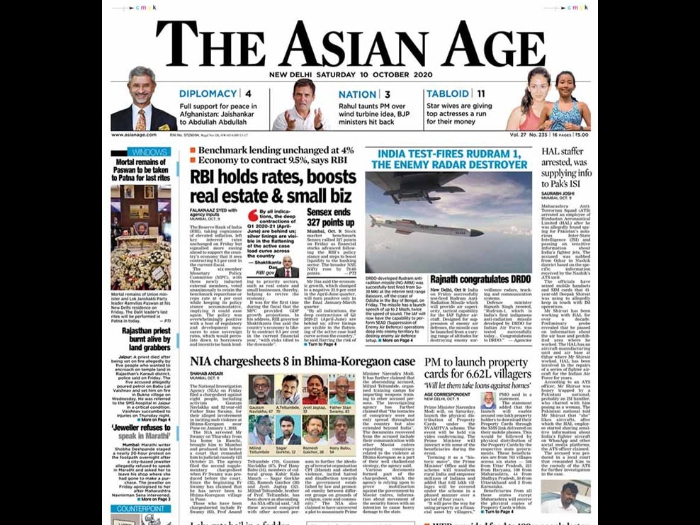 Newspaper Headlines: World Food Programme Wins Nobel Peace Prize 2020; RBI Projects 9.5% GDP Fall