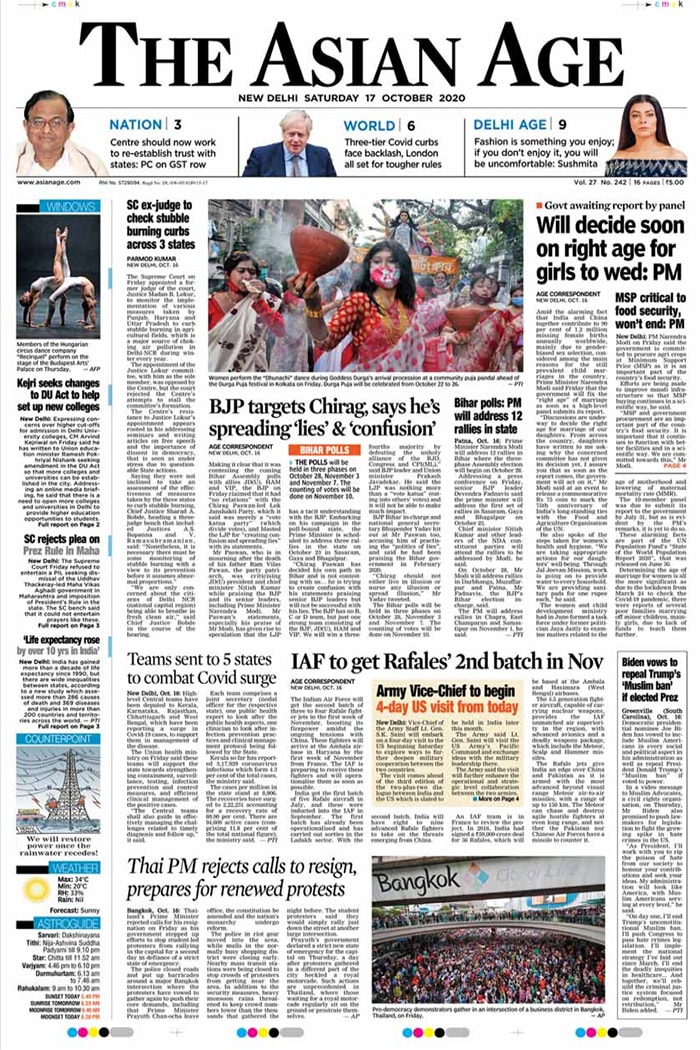 <B>The Asian Age</B>: The Supreme Court on Friday appoingted a former judge of the court, Justice Madan B Lokur to monitor implementation of various measures taken by Punjab, Haryana and Uttar Pradesh to curb stubble burning a major source of air pollution in Delhi-NCR during winters. Prime Minister Narendra Modi on Friday assured the daughters of the country that the government will decide the right age for marriage as soon as the concerned committee gives its report.