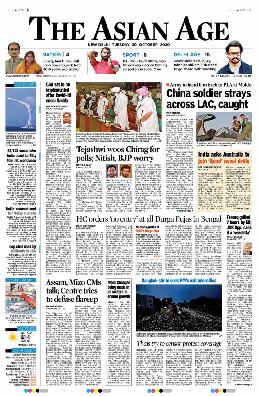 Newspaper Headlines: Chinese Soldier Held In Ladakh And Other Top Stories