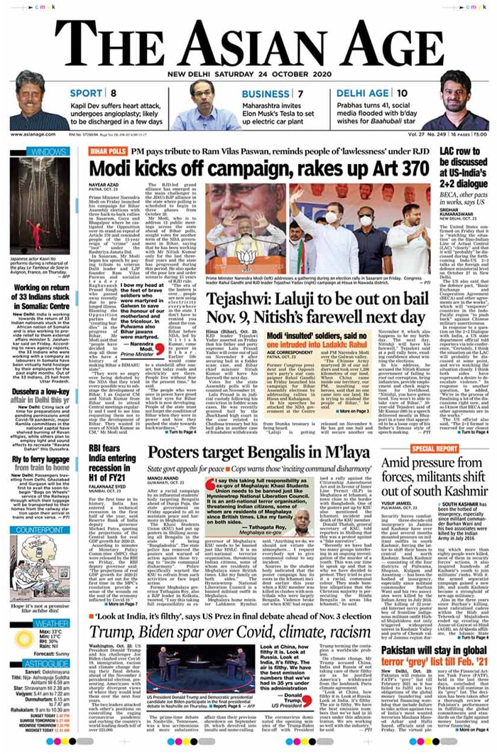 <B>The Asian Age</B>: Prime Minister Narendra Modi on Friday launched his campaign for Bihar Assembly elections with three back-to-back rallies in Sasaram, Gaya, Bhagalpur. RJD leader Tejashwi Yadav on Friday said that his father and party chief Lalu Prasad Yadav will come out of jail on November 9.