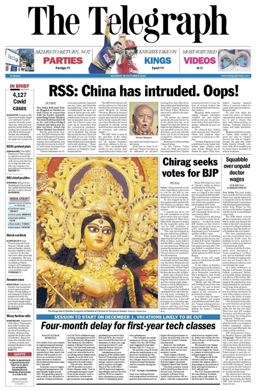 <B>The Telegraph</B>: Rashtriya Swayamsevak Sangh chief Mohan Bhagwat called for India to grow bigger than China in terms of "power and scope". "We intend to be friendly with all. This is our nature," he said, adding, "mistaking our benevolence for weakness and attempts to disintegrate or weaken us by sheer brute force is unacceptable... if push comes to shove, we will not fall short of alertness, firmness and readiness."