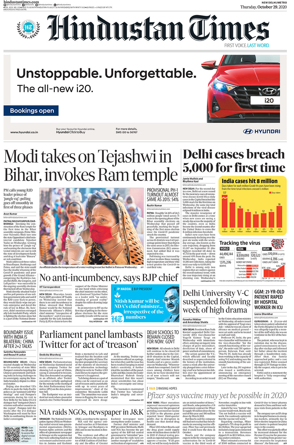 <B>Hindustan Times</B>: Prime Minister Narendra Modi tore into the state Opposition's chief ministerial candidate Tejashwi Yadav on Wednesday, terming him the prince of "jungle raj" and warning the electorate that vested interests are out to rob the state of development funds and drag it back into "Bimaru" or sick condition. For the second day in a row, Delhi set a new record for the most new cases of coronavirus disease (Covid-19) as daily cases in the Capital breached the 5,000-mark for the first time on Wednesday.