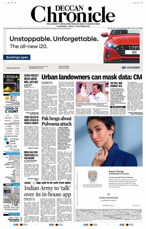 <B>Deccan Chronicle</B>: A senior Pakistani minister on Thursday admitted that Pakistan was responsible for the Pulwama terrorist attack in Jammu and Kashmir in 2019 that killed 40 CRPF personnel. National Green Tribunal (NGT) has direct Andhra Pradesh government not toproceed with the proposed Rayalaseema lift irrigation project without submitting detailed project report.