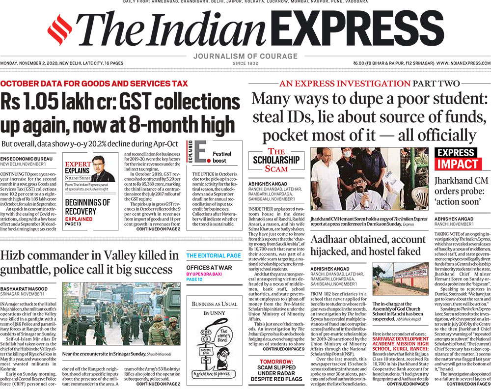 <B>Indian Express</B>: Continuing to post a year-onyear increase for the second month in a row, gross Goods and Services Tax (GST) collections rose 10.2 per cent to an eight month high of Rs 1.05 lakh crore in October, for sales in September. Hizbul Mujahideen (HM) chief Saif-Ul-Islam Mir was killed in an encounter on the outskirts of the city on Sunday, police said, describing it as a huge success for the security forces.