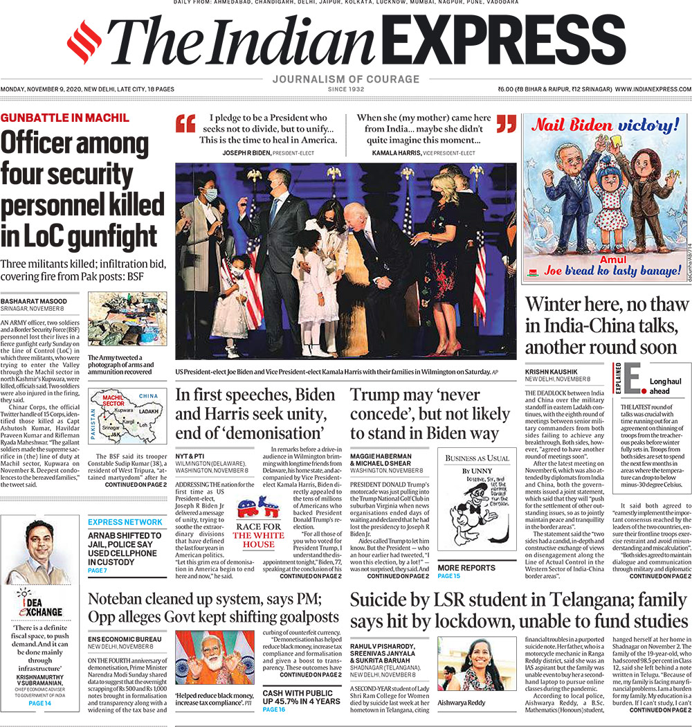 <B>Indian Express</B>: An Army officer, two soldiers, and a Border Security Force (BSF) personnel lost their lives in a fierce gunfight early Sunday on the Line of Control (LoC) in which three militants, who were trying to enter the Valley through the Machil sector in north Kashmir's Kupwara, were killed, officials said. Two soldiers were also injured in the firing, the daily reported.