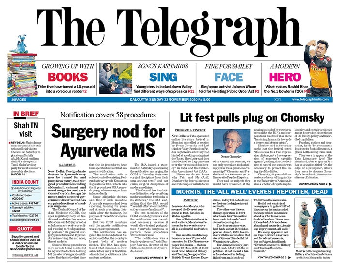 The Telegraph's top story was the Postgraduate doctors in Ayurveda given a nod for training and practice in as many as 58 surgical procedures. the Central Council of  Indian Medicine (CCIM), the apex regulatory body for traditional medicine has given the notification.