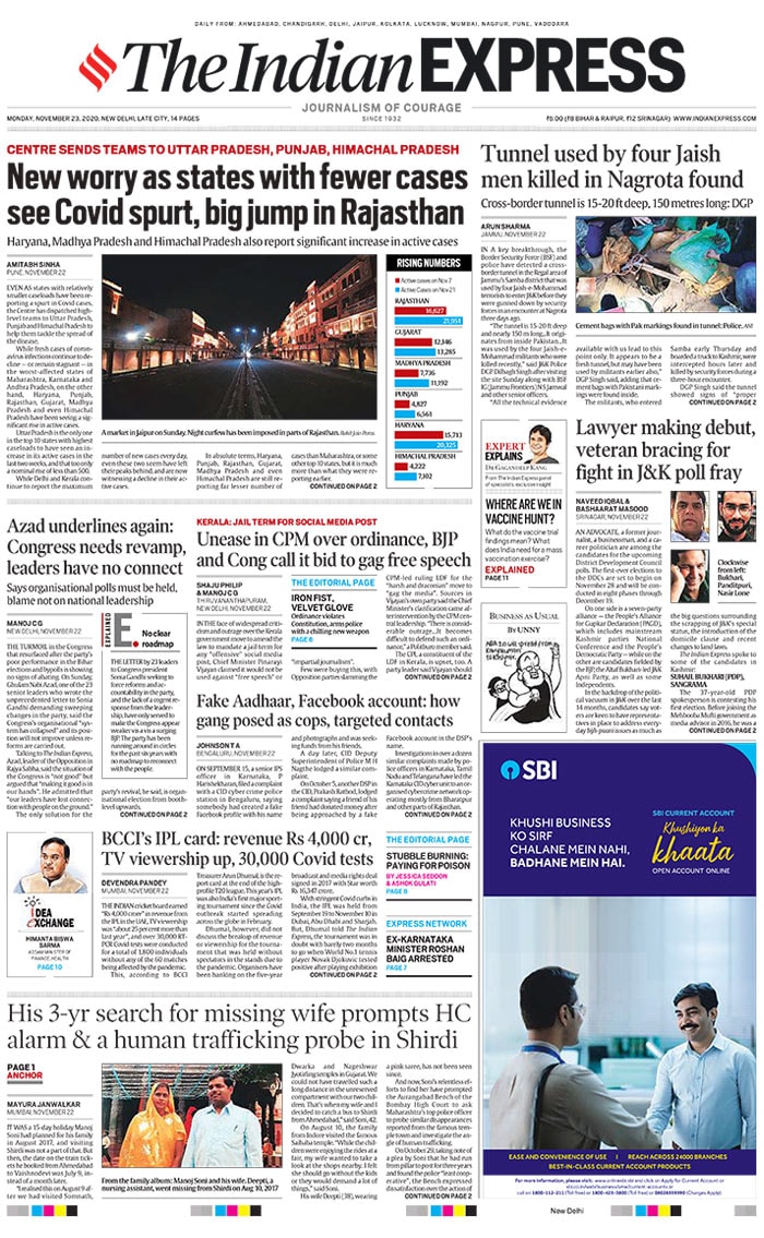 <B>The Indian Express</B>: Even as states with relatively smaller case loads have been reporting a spurt in Covid cases, the Centre has dispatched highlevel teams to Uttar Pradesh, Punjab and Himachal Pradesh to help them tackle the spread of the disease. While fresh cases of coronavirus infections continue to decline - or remain stagnant - in the worst-affected states of Maharashtra, Karnataka and Andhra Pradesh, on the other hand, Haryana, Punjab, Rajasthan, Gujarat, Madhya Pradesh and even Himachal Pradesh have been seeing a significant rise inactive cases. In a key breakthrough, the
Border Security Force (BSF) and police have detected a cross border tunnel in the Regal area of Jammu's Samba district that was used by four Jaish-e-Mohammad terrorists to enter J&K before they were gunned down by security forces in an encounter at Nagrota three days ago.