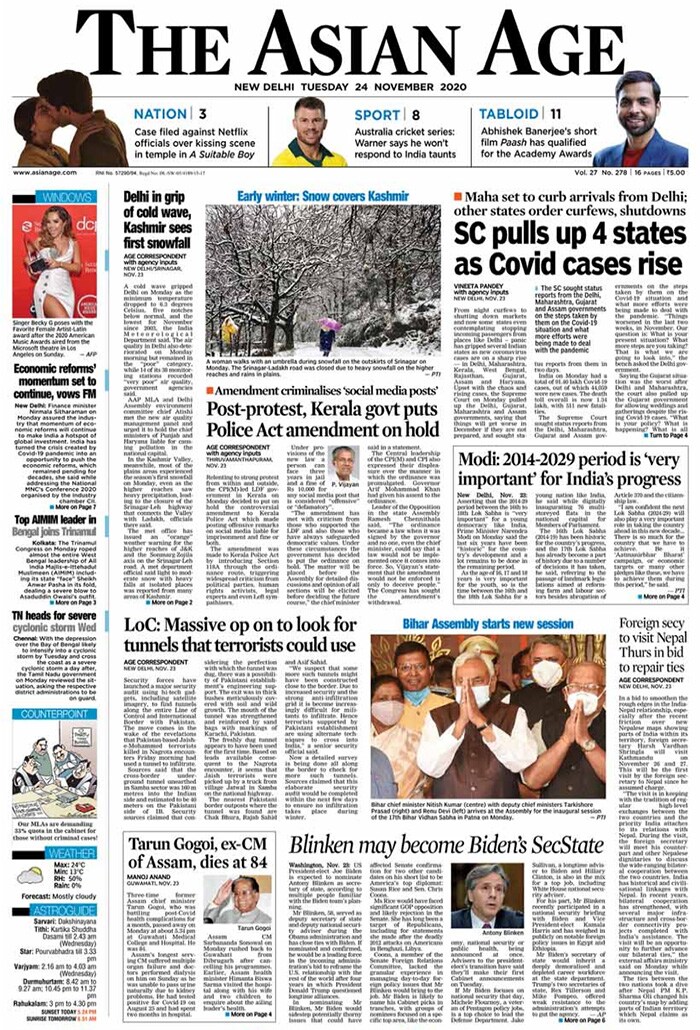 <B>The Asian Age</B>: The pandemic situation in Delhi has "worsened" and it has gone "out of control" in Gujarat, the Supreme Court said on Monday while expressing concern over the surge in number of COVID-19 cases across the country.