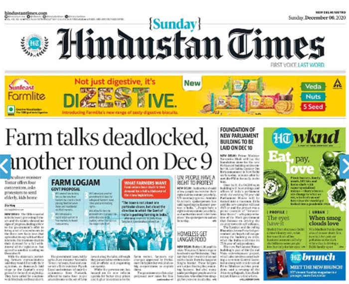 <B>Hindustan Times</B>: Talks between the government and protesting farmers remained inconclusive on Saturday even after five rounds of discussions as union leaders stuck to their demand for the repeal of the new farm laws and went on a "maun vrat" seeking a clear ''yes or no'' reply, forcing the Centre to call for another meeting on December 9 to resolve the deadlock. After more than four hours of discussions with three union ministers and senior officials, farmer leaders said the government sought more time for internal consultations to present a final proposal in the next meeting to resolve the issue.