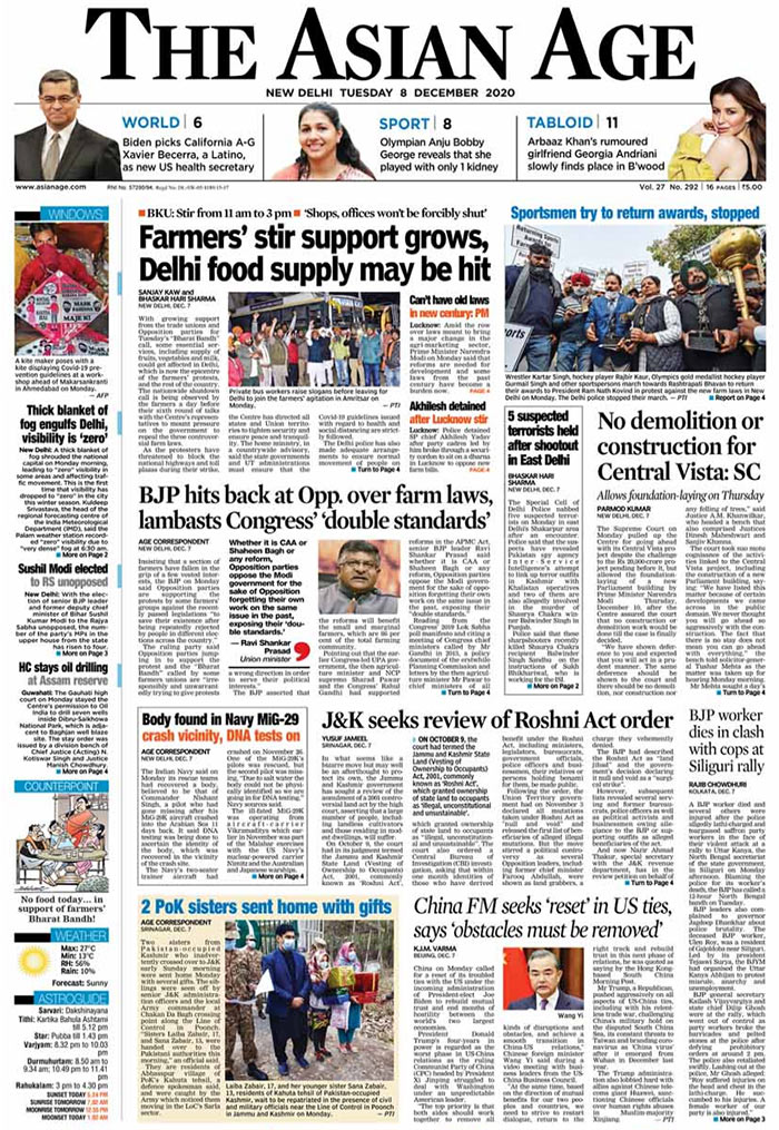 The Asian Age: With growing support from trade unions and opposition parties for the Tuesday's "Bharat Bandh" call, some essential services including, supply of fruits, vegetables and milk, could get affected in Delhi. The Supreme Court on Sunday pulled up the Centre for going ahead with its Central-Vista project despite the challenges to the Rs, 20,000- crore project pending before it.