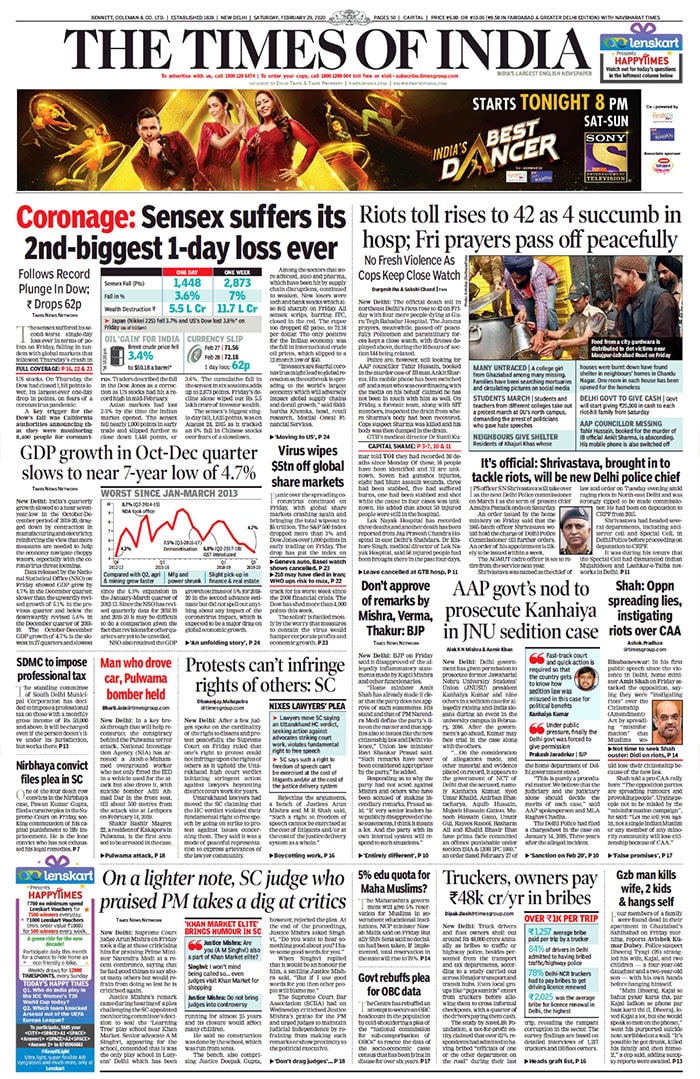 The Times Of India: IPS officer S N Shrivastava was named as the chief of law and order on Tuesday evening amid raging riots in northeast Delhi and was strongly tipped to be made commissioner. He had been on deputation to CRPF from 2015. The sensex suffered its second-worst single-day loss ever on fears of a coronavirus pandemic in terms of points on Friday.