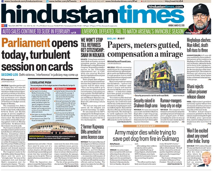 Hindustan Times: Opposition parties on Sunday said they would raise the issue of violence in northeast Delhi, which have killed at least 46 people and injured about 350 others, and seek answers from the central government over alleged police inaction when the second phase of parliament's budget session begins on Monday. Officials overseeing applications for compensation received from violence-hit people in northeast Delhi are facing a tough question: "How to verify the claims of those whose houses and shops were set afire?"