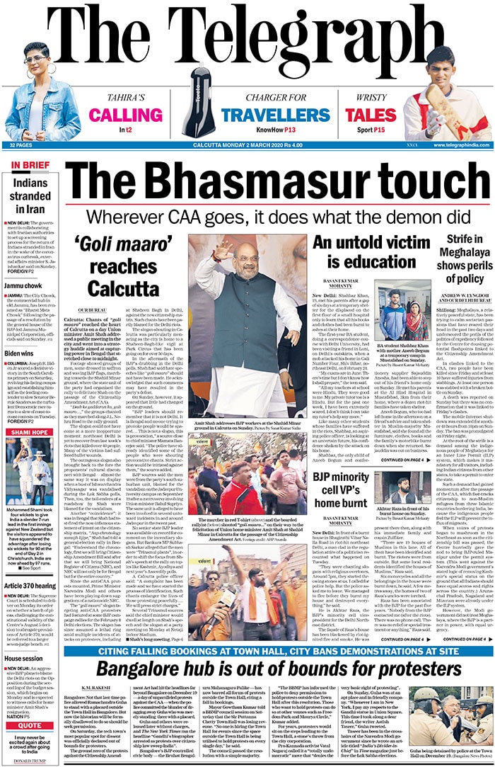 The Telegraph: Supporters of the BJP, marching in a procession to the rally that Union Home Minister Amit Shah addressed in the city this afternoon, were heard shouting the "goli maaro (shoot them)" slogan in Kolkata in the presence of the police, The Telegraph reports. In clashes linked to the Citizenship Amendment Act (CAA), two people have been killed since Friday and at least 10 have suffered injuries from stabbings.