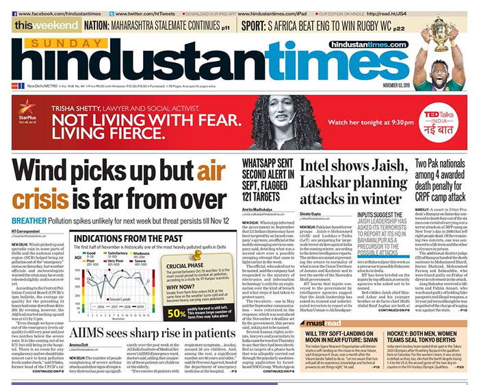 Delhi fast deteriorating air quality, intel on Jaish and Lashkar planning a winter attack and WhatsApp's second alert in September flagged 121 targets are the top stories today