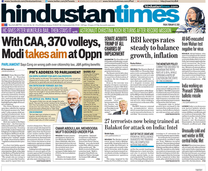 Hindustan Times: Prime Minister Narendra Modi on Thursday launched a scathing attack on the Opposition for hiding behind the Constitution to encourage those who were violating it and staunchly defending the changed citizenship law by highlighting the plight of minorities in Pakistan, reports Hindustan Times. On Wednesday, the United States Senate acquitted President Donald Trump of abuse of power and obstruction of Congress.