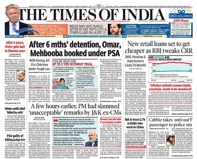 The Times Of India: Former Jammu and Kashmir Chief Ministers Omar Abdullah and Mehbooba Mufti have been charged under the Public Safety Act.The move came amid strong demands from the opposition for the freeing of the former CMs. Loans for housing, auto and small businesses are likely to get cheaper even without the Reserve Bank of India's monetary policy committee reducing interest rates.