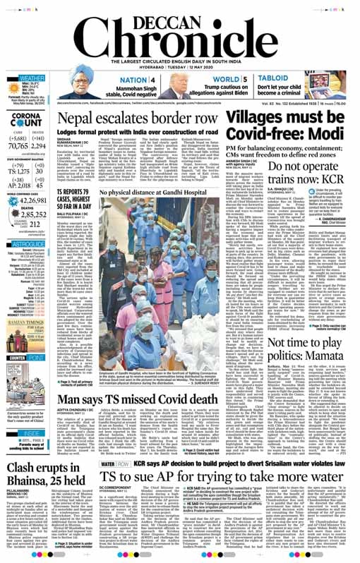 The Deccan Chronicle published India-Nepal border dispute in Uttarakhand's Lipulekh area as its lead story. A row has erupted after Defence Minister Rajnath Singh inaugurated an 80 km-long high-altitude road from Dharchula to the Lipulekh Pass in Uttarakhand.