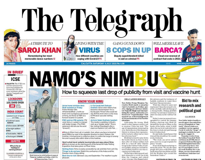 The Telegraph also covered PM Narendra Modi's visit to Ladakh. "Namo's Nimbu," it headlined its story.