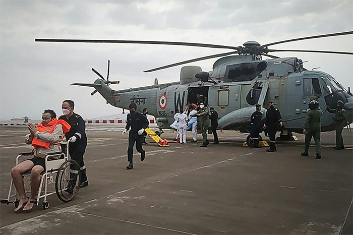 Navy rescues injured from the sunk Barge P305 after Cyclone Tauktae hit the west coast