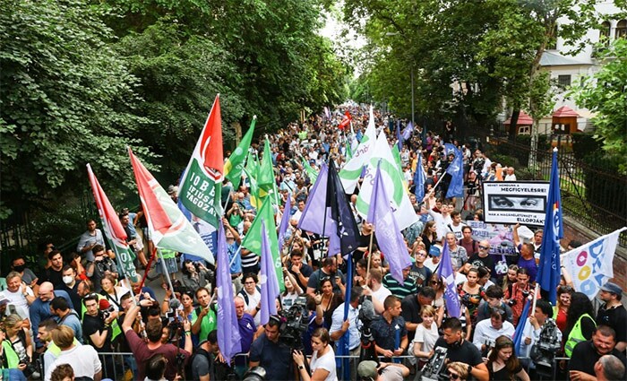 People take part in a protest against alleged governmental use of Israeli-made Pegasus spyware to target hundreds of phone numbers, including those of journalists, in Budapest.