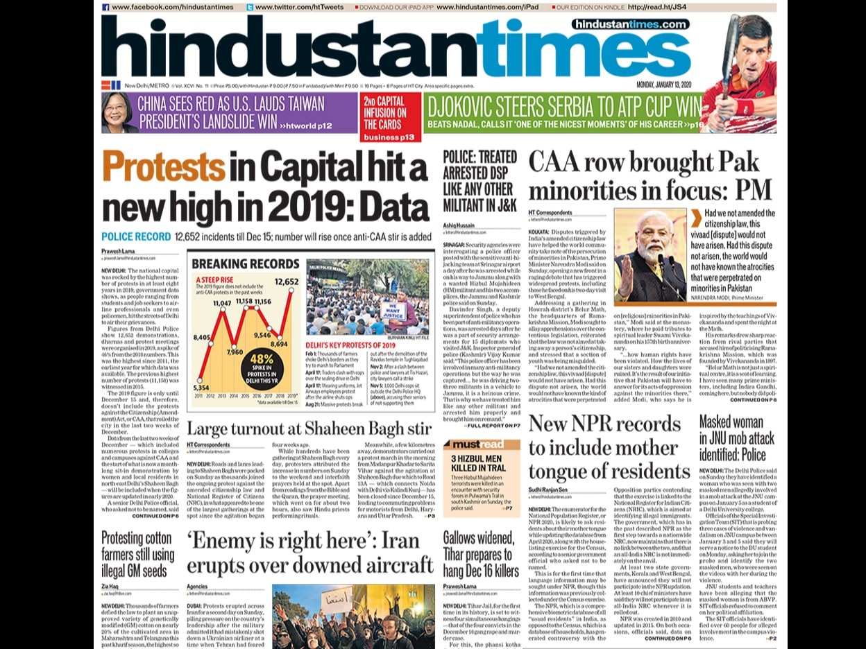 The national capital was rocked by the highest number of protests in at least eight years in 2019, government data shows, as people ranging from students and job seekers to airline professionals and even policemen, hit the streets of Delhi to air their grievances. Protests erupted across Iran for a second day on Sunday, after the military admitted it had mistakenly shot down a Ukrainian airliner.