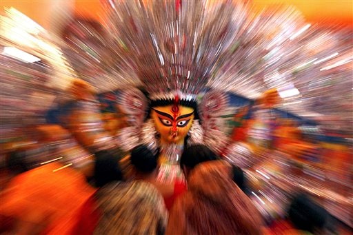 An idol of Hindu Goddess Durga is seen on the last day of the ten day long Durga Puja festival in Patna, India on Sunday.