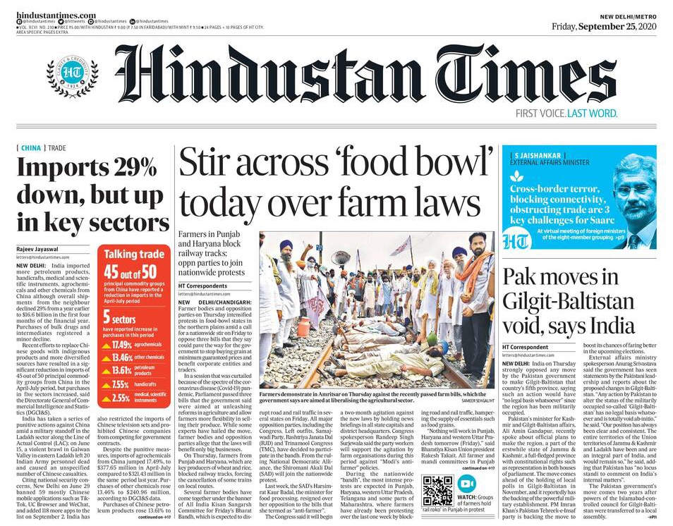 Farmer bodies and opposition parties on Thursday intensified protests in food-bowl states in the northern plains amid a call for a nationwide stir on Friday to oppose three bills that they say could pave the way for the government to stop buying grain at minimum guaranteed prices and benefit corporate entities and traders.