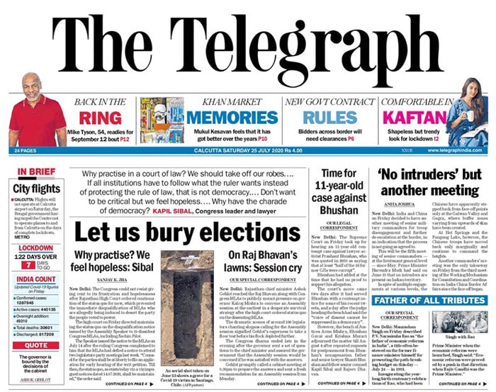 The Telegrapgh also took the Rajasthan developmenst in its lead story. "Let us bury elections," read the lead headline in The Telegraph.