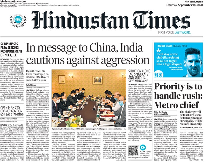 Defence minister Rajnath Singh on Friday held talks with his Chinese counterpart General Wei Fenghe on the sidelines of the ongoing Shanghai Cooperation Organisation meet in Moscow at a time when the two nuclear powers have been locked in a border row in eastern Ladakh for around four months, officials familiar with the developments said. Ensuring social distancing and keeping the system hygienic at all times are the Delhi Metro's biggest challenges, according to DMRC managing director Mangu Singh who said the network expects ridership to be close to 30% of what it was before the lockdown.