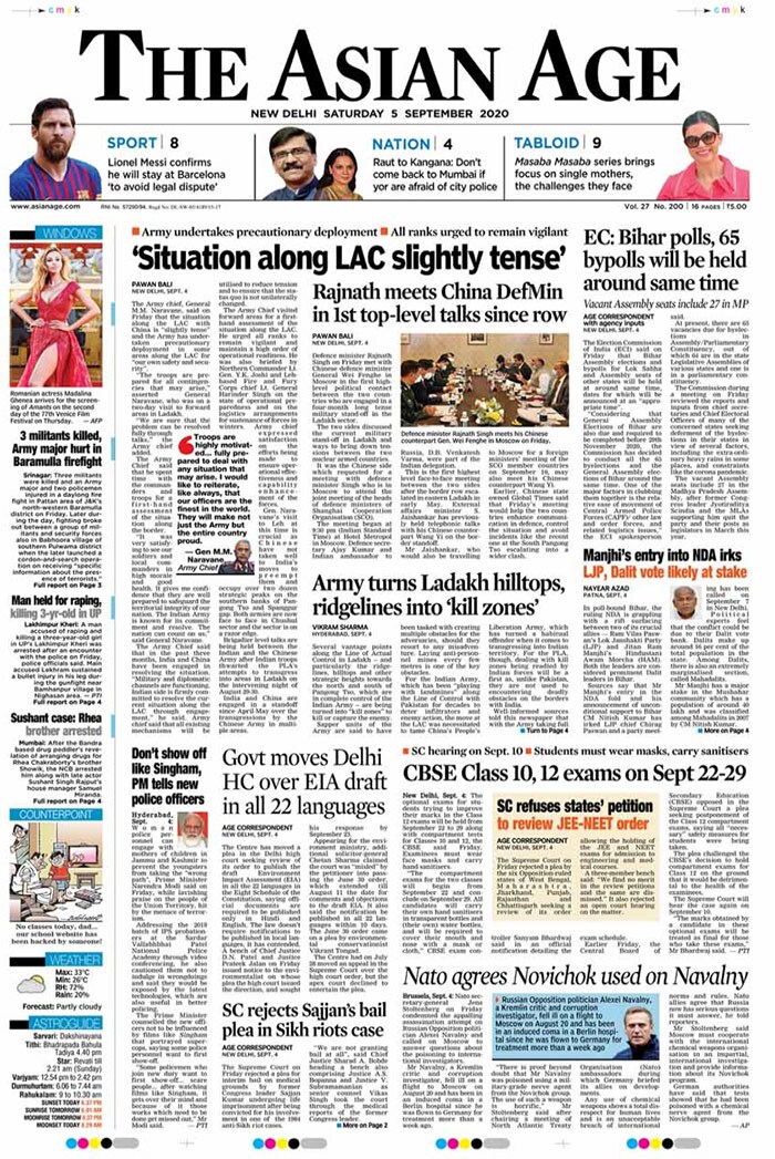 The Army chief, General M.M. Naravane, said on Friday that the situation along the LAC along with China is "slightly tense" and army has undertaken precautionary deployment in some areas along the LAC "for our own safety and security". The Election Commission of India (ECI) said on Friday that Bihar Assembly elections and bypolls for Lok Sabha and Assembly seats of other states will be held at around same time, dates for which will be announced at "appropriate time".