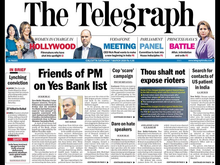 Union finance minister Nirmala Sitharaman confirmed on Friday that the troubled Yes Bank had had loan exposure to "very stressed" companies associated with Anil Ambani and Subhash Chandra, two industrialists considered close to Prime Minister Narendra Modi. Two Malayalam news channels, including the most popular one in Kerala, have been barred by the Centre from telecasting for 48 hours as punishment for their coverage of the Delhi riots.