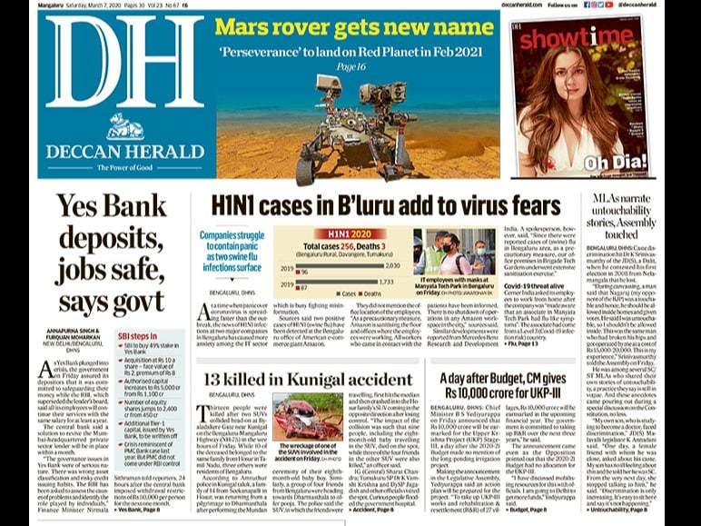 As Yes Bank plunged into crisis, the government on Friday assured its depositors that it was committed to safeguarding their money while the RBI, which superseded the lender's board, said all its employees will continue their services with the same salary for at least a year. At a time when panic over coronavirus is spreading faster than the outbreak, H1N1 infections at two major companies in Bengaluru have caused more anxiety among the IT sector, which is busy fighting misinformation.