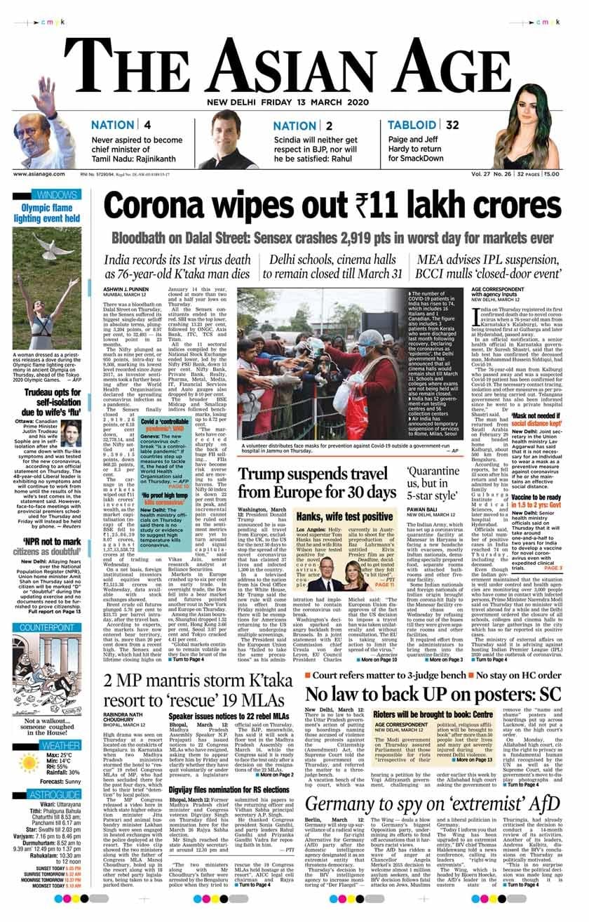 <b> Asian Age </b>: The Karnataka health department late on Thursday confirmed that the 76-year-old man from Kalaburgi who died of lung complications on Tuesday has tested positive for the coronavirus. A communiqe; issued by the health department said, "The suspected COVID 19 patient has been confirmed for COVID 19. The necessary contact tracing, isolation and other measures as per protocol are being carried out. The Telangana government has also been informed since he went to a private hospital there. "