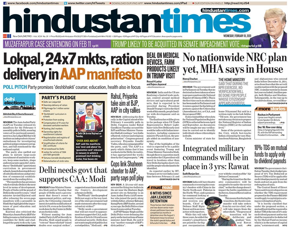 Hindustan Times: The Aam Aadmi Party (AAP) on Tuesday released its manifesto for the February 8 Delhi elections. The party's election promises include commitment to Jan Lokpal Bill and full statehood for the capital, reports Hindustan Times. A 23-year-old man, who was arrested for firing shots in the air at the anti-CAA protest site, Shaheen Bagh, is an AAP member, the Delhi Police crime branch team said on Tuesday.