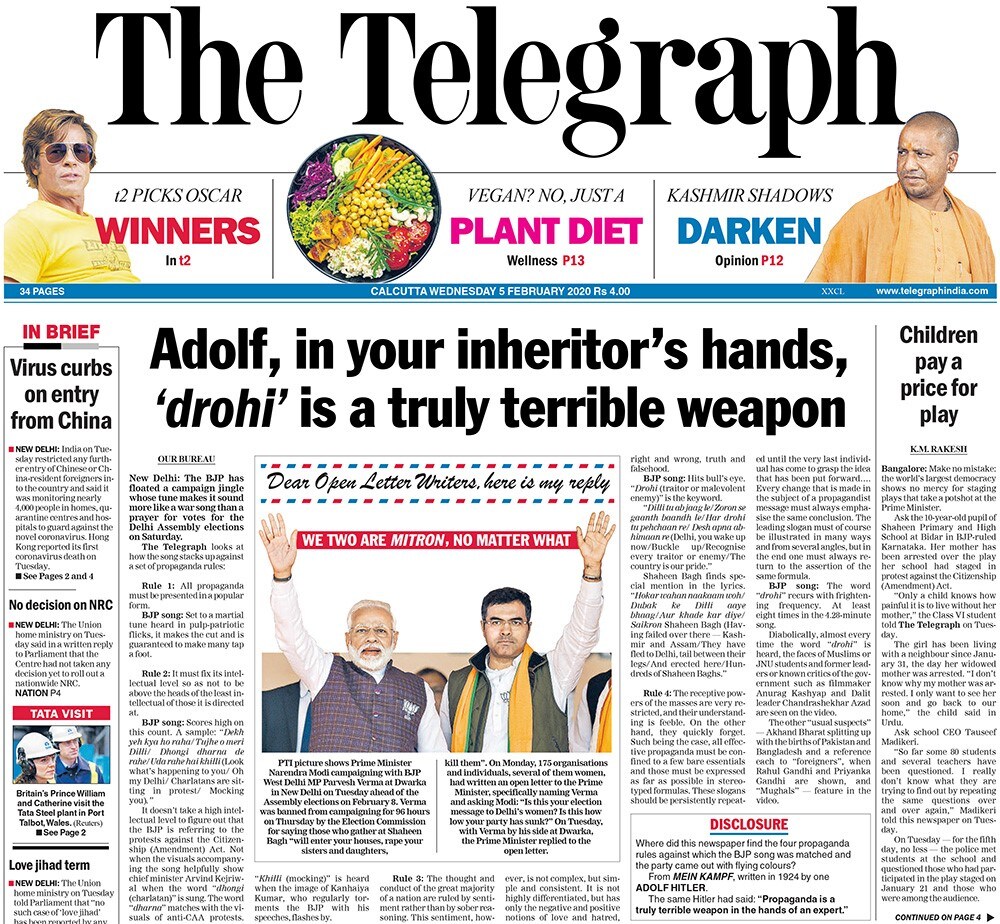 The Telegraph: A 22-year-old Thai woman, travelling by a Qatar Airways flight, delivered a baby mid-air - 35,000 feet above sea level -  on Tuesday, reports The Telegraph. Five air hostesses and a co-passenger who happened to be a doctor helped in the delivery. The Bharatiya Janata Party has released its new campaign song for Delhi Assembly elections- #JagoDilli, which conveys clear message of party's no compromise on Citizenship Amendment Act in the backdrop of protests.