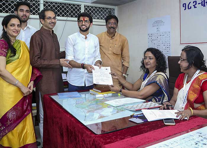 Aaditya Thackeray, accompanied by his father and the party chief Uddhav Thackeray and mother Rashmi Thackeray, files his nomination papers from the Worli seat