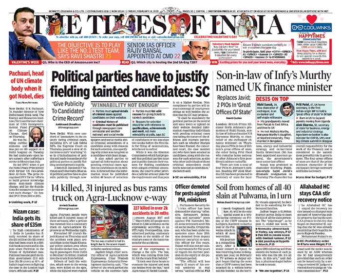 <b>Times Of India</b>: Indian-origin politician Rishi Sunak was appointed the UK's new finance minister on Thursday by Prime Minister Boris Johnson in an extensive Cabinet reshuffle.  The Supreme Court directed political parties to upload on their websites and social media platforms the details of pending criminal cases against their candidates, the reasons for selecting them and for not giving ticket to those without criminal antecedents. Former TERI chief RK Pachauri died on Thursday at a hospital where he was admitted to a hospital for cardiac ailments.