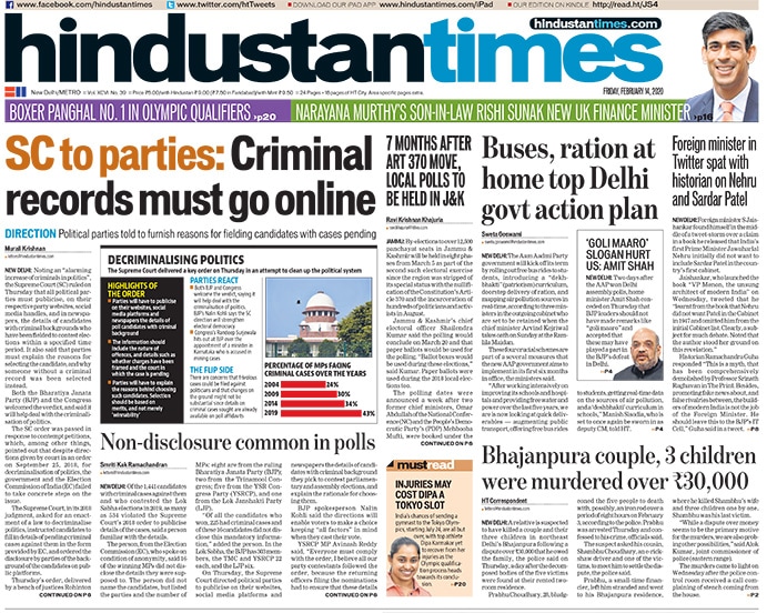 <b>HindustanTimes</b>: The Supreme Court has directed all political parties to upload on their website details of pending criminal cases against candidates contesting polls, noting that there has been an alarming increase in criminalisation of politics. China reported 15,152 new infections and 254 fatalities due to the new coronavirus Covid-19. RK Pachauri, former chairman of the Nobel prize-winning Intergovernmental Panel on Climate Change and director general of The Energy and Resources Institute (TERI), dies.