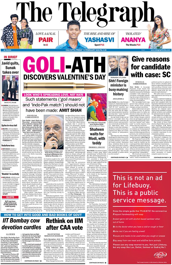 <b>Telegraph</b>: Amit Shah said statements like ''goli maro'' and "Indo-Pak match" should not have been made; party distanced itself from such remarks. The Supreme Court has asked all political parties to upload on their website details of pending criminal cases against candidates contesting polls, noting that there has been an alarming increase in criminalisation of politics.