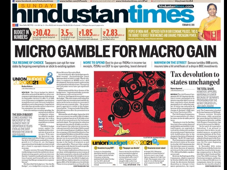 On the front page, Hindustan Times gives an overview of big announcements in Finance Minister Nirmala Sitharaman's Union Budget 2020 speech on Saturday. The Finance Minister unveiled new tax regime for the individuals earning up to Rs 15 lakh a year and are willing to give up certain tax exemptions. She also abolished payment of dividend distribution tax (DDT) by companies to spur investment. Another important story on the front page is shooting incident at Delhi's Shaheen Bagh, second in the last few days at an anti-CAA protest.